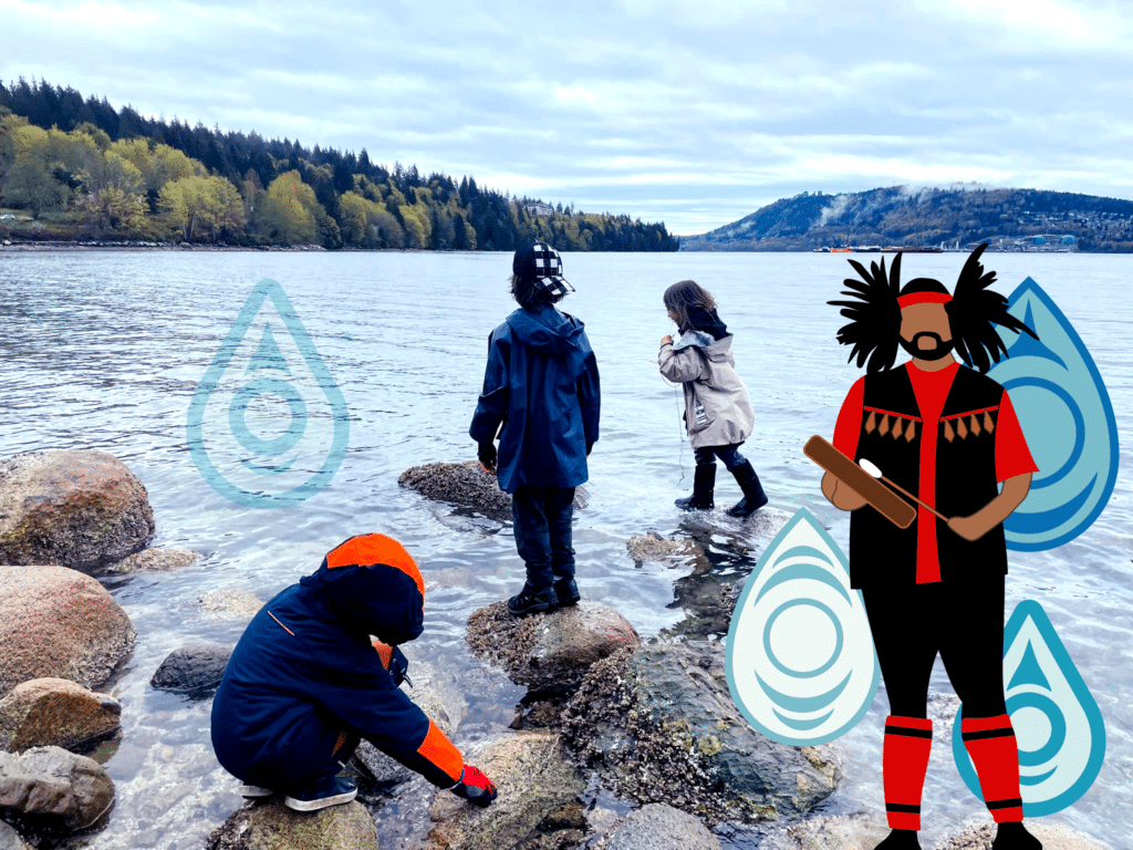 Youth on the shore of Burrard Inlet with a drummer
