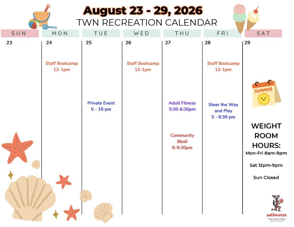 Weekly TWN Recreation Calendar: Sunday, Aug. 23 to Saturday, Aug. 29, 2026