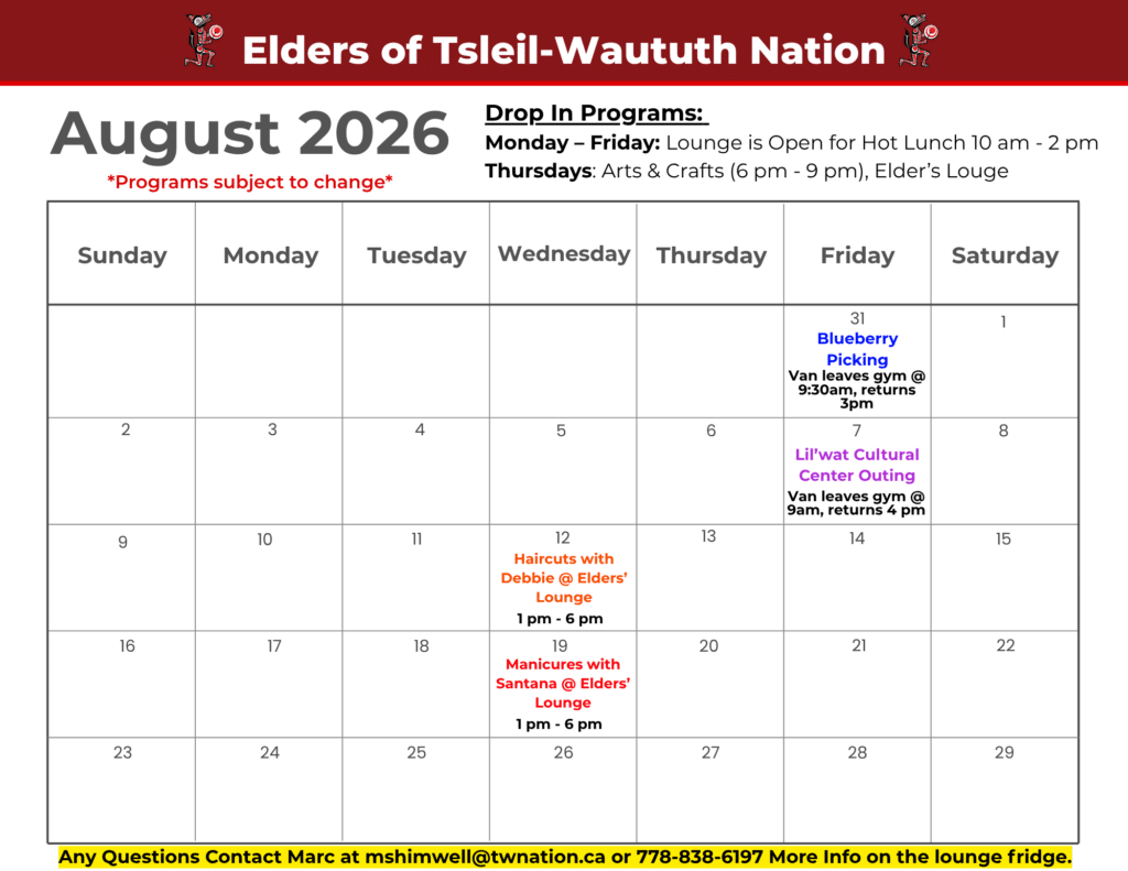 Elders of Tsleil-Waututh Nation Activity Calendar for August 2026