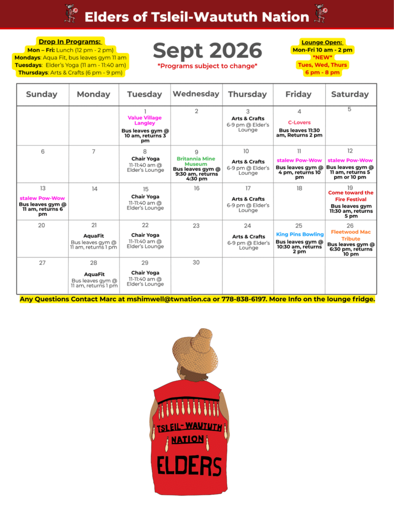Elders of Tsleil-Waututh Nation Activity Calendar for September 2026